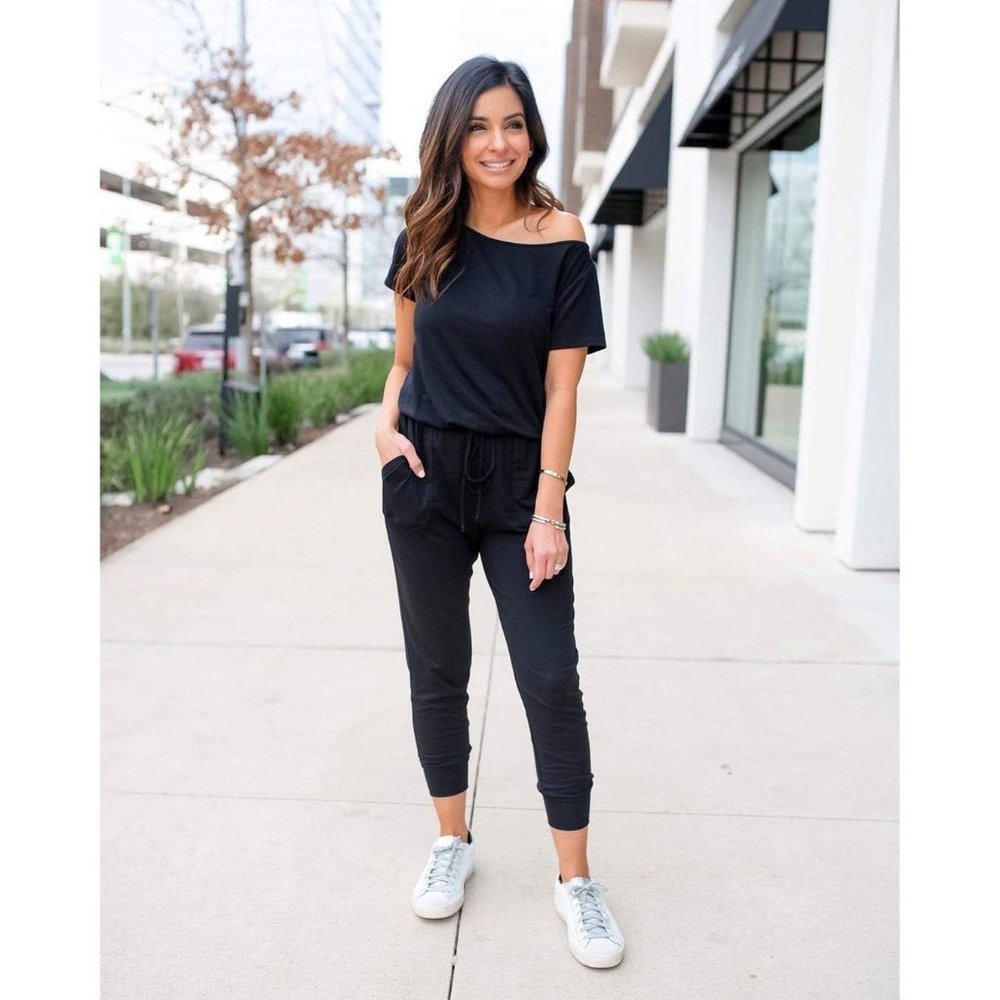 Women's Black Loose Solid Off Shoulder Elastic Waist Stretchy Romper Jumpsuit